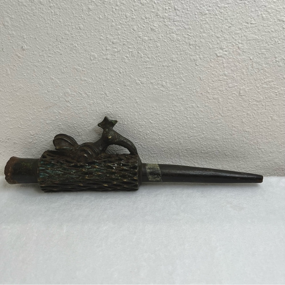 Antique African Cast Bronze Smoking Pipe Bird Ritual Tribal Art